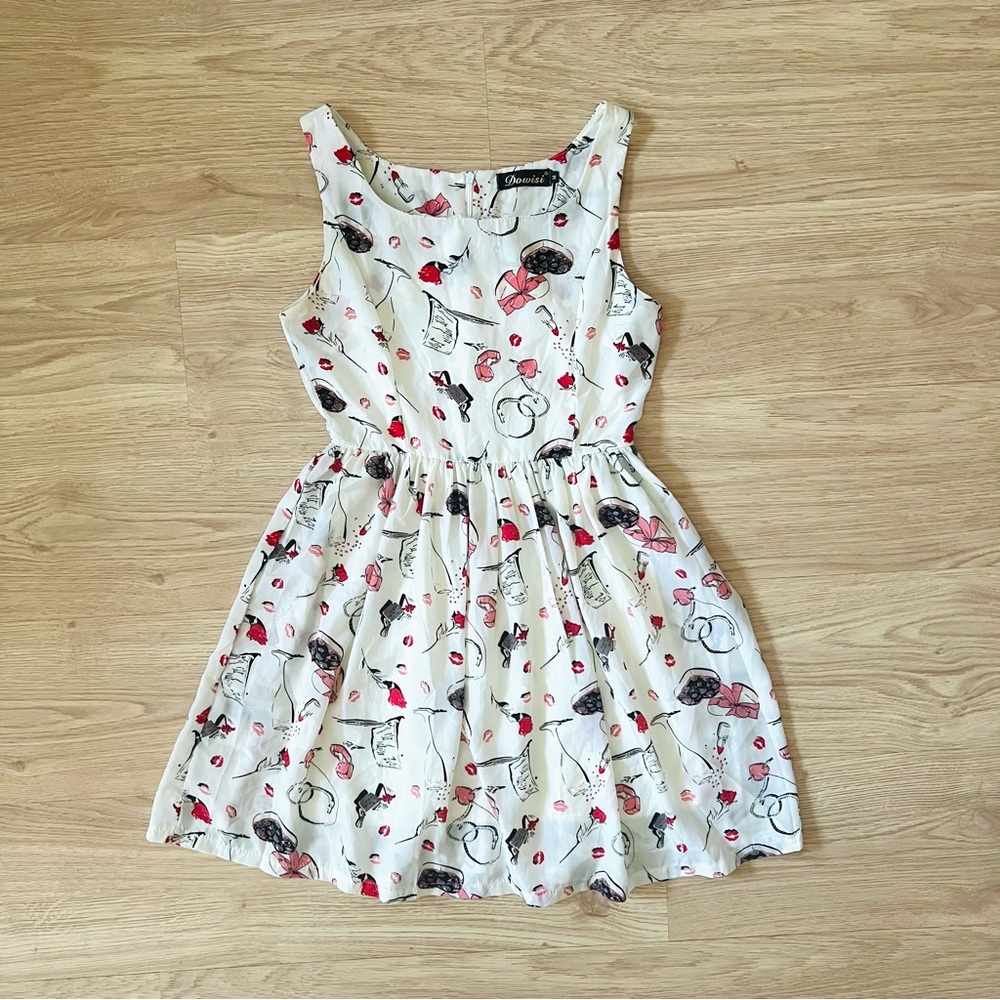 Cream Flirty Girly Makeup/Jewelry/Bow Print Sleeveless Dress